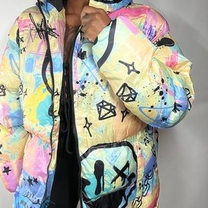 Reason Brand Graffiti Print Puffer coat